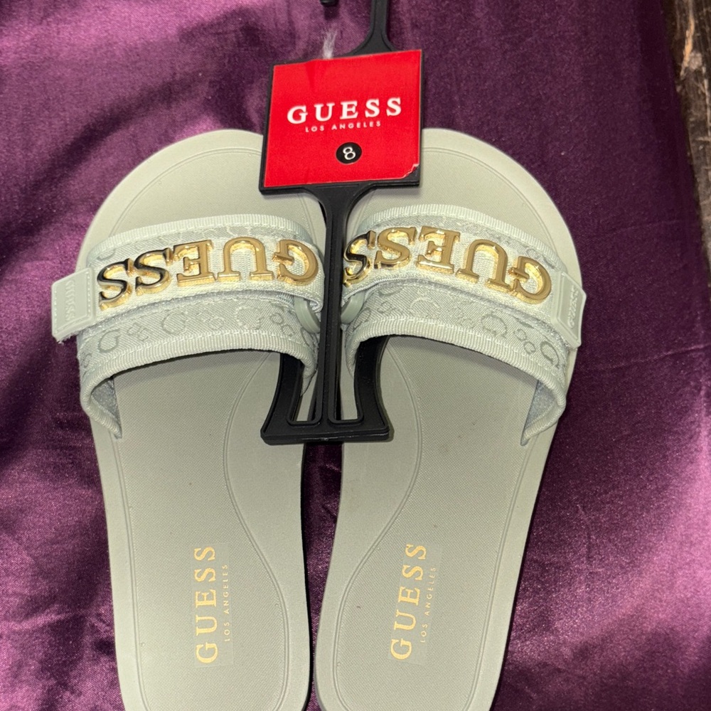 GUESS Women's Gold and Gray Slide Sandals
